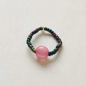 Handmade Beaded Holographic and Pink Gemstone Ring